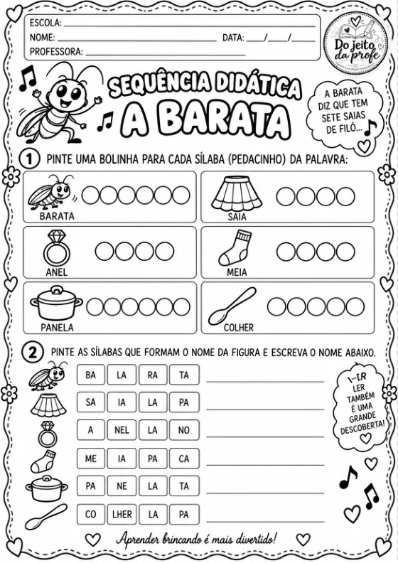 Folha de atividade em preto e branco: sequência didática com sílabas e banco de palavras