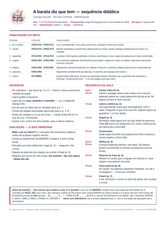 Plano de aula de uma página: habilidades da BNCC, materiais e sequência da aula